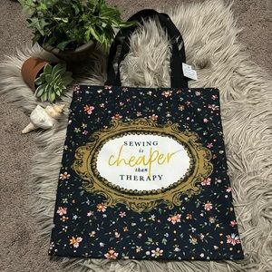 “Sewing is cheaper than therapy” NWT Cloth Open Top Tote Bag-Floral/Navy/Black